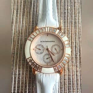 BCBG Women's Enchante White Crystal Silver Dial White Genuine Leather Watch